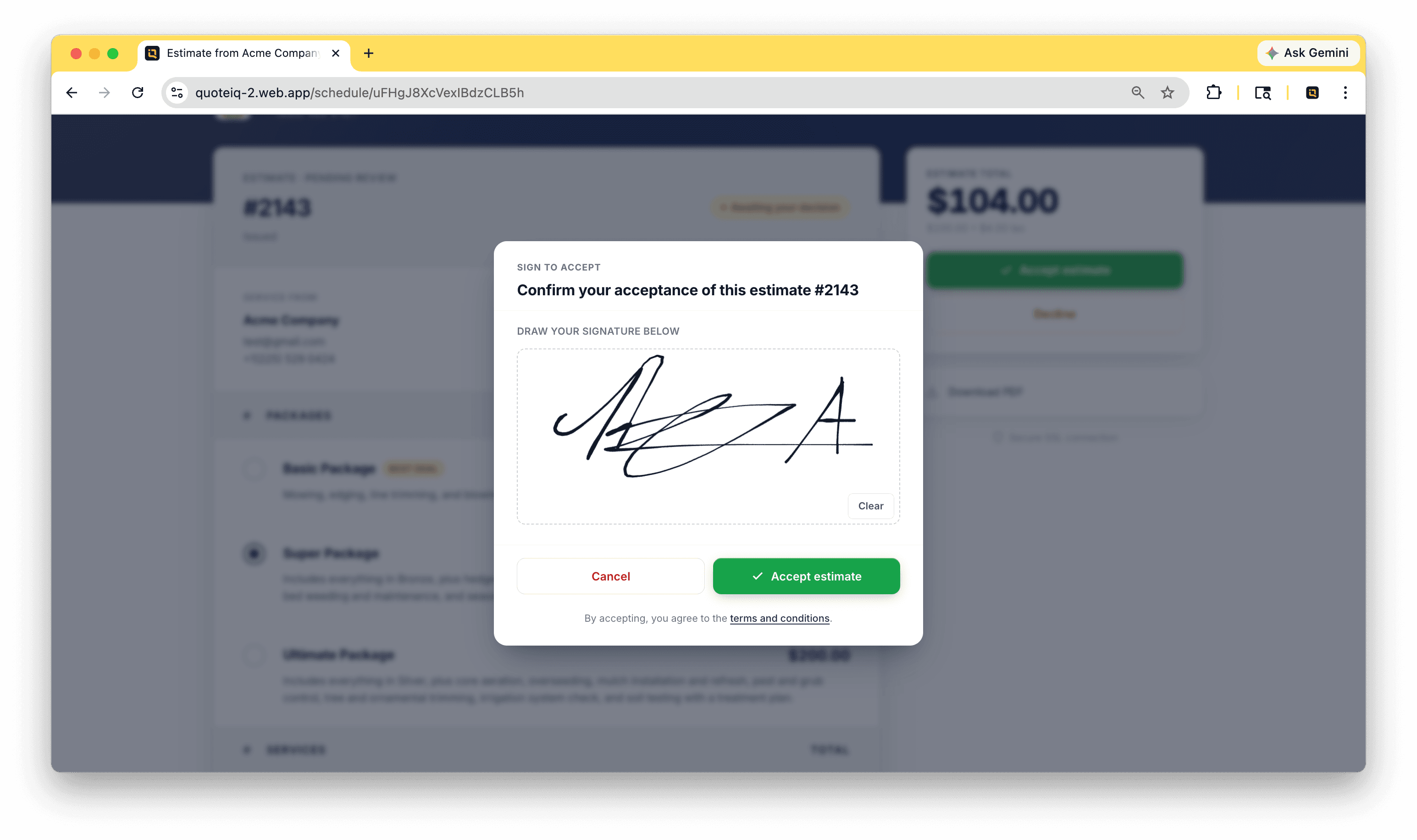 E-Signatures — digital estimate and contract signing